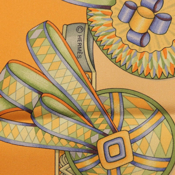 HERMES Carre 90 Scarf Silk ""LES RUBANS DU CHEVAL"" Orange Auth 199852M