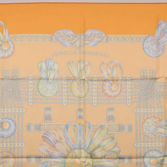 HERMES Carre 90 Scarf Silk ""LES RUBANS DU CHEVAL"" Orange Auth 199852M