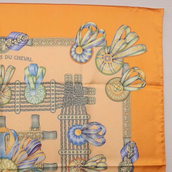 HERMES Carre 90 Scarf Silk ""LES RUBANS DU CHEVAL"" Orange Auth 199852M