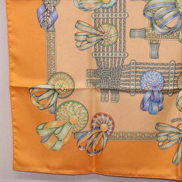 HERMES Carre 90 Scarf Silk ""LES RUBANS DU CHEVAL"" Orange Auth 199852M