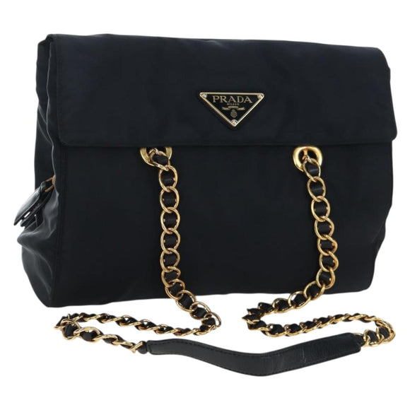 PRADA Chain Shoulder Bag Nylon Black Gold Auth 199857V