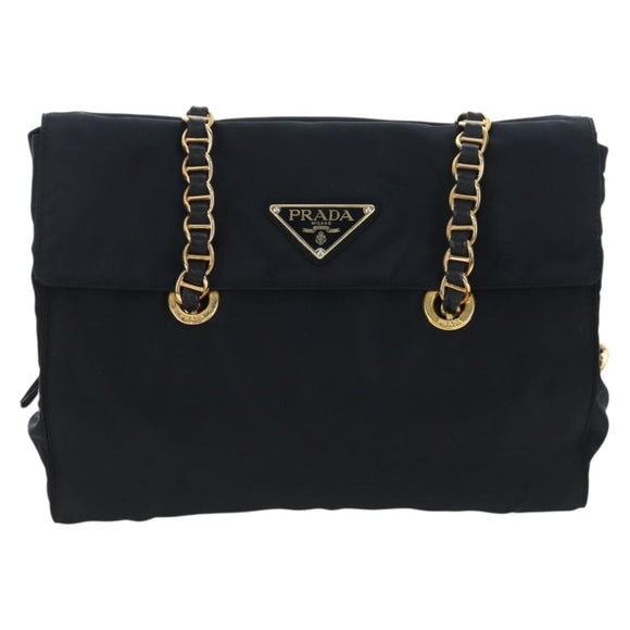 PRADA Chain Shoulder Bag Nylon Black Gold Auth 199857V