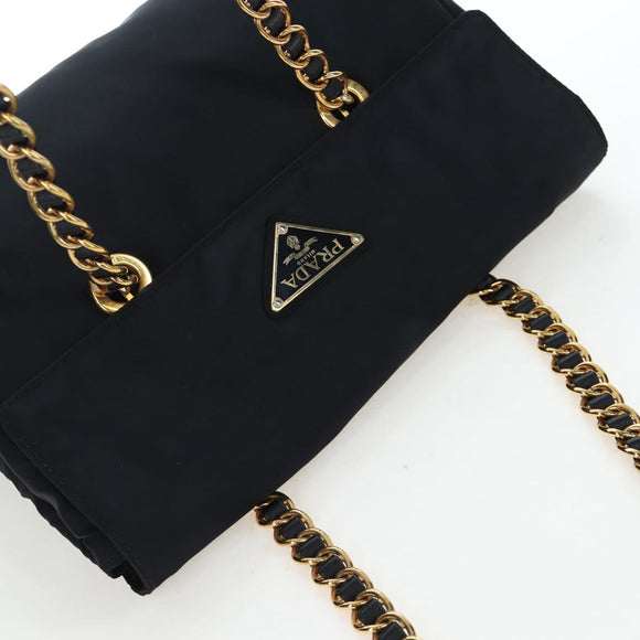 PRADA Chain Shoulder Bag Nylon Black Gold Auth 199857V