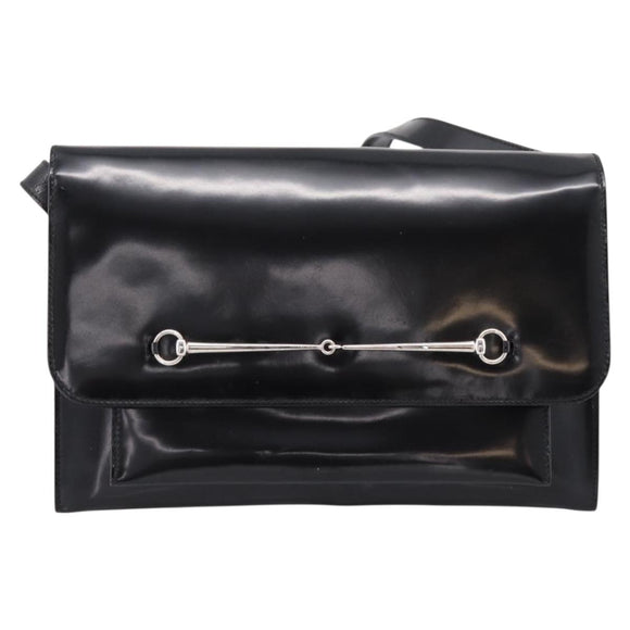 GUCCI Horsebit Shoulder Bag Patent leather Black Silver Auth 199860