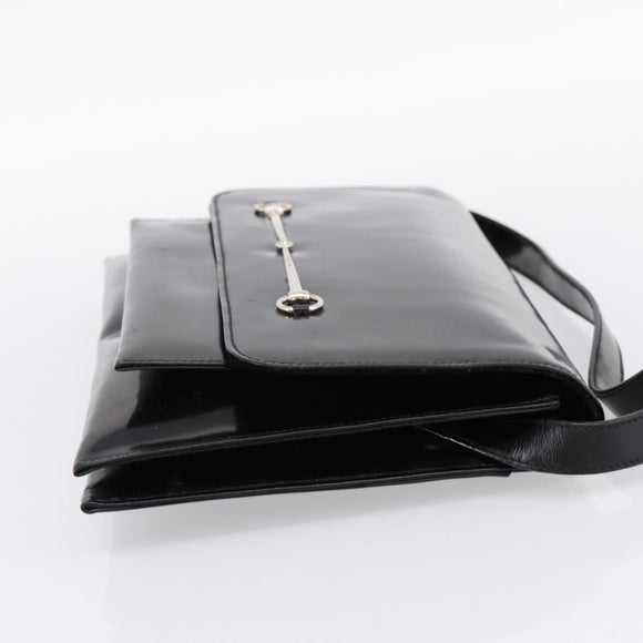 GUCCI Horsebit Shoulder Bag Patent leather Black Silver Auth 199860