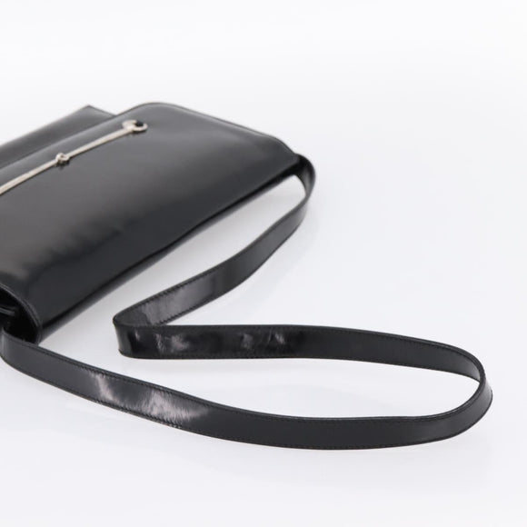 GUCCI Horsebit Shoulder Bag Patent leather Black Silver Auth 199860
