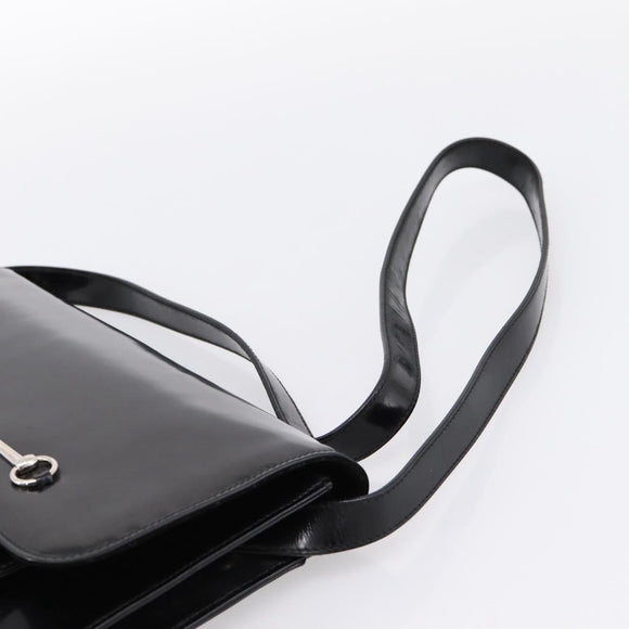 GUCCI Horsebit Shoulder Bag Patent leather Black Silver Auth 199860