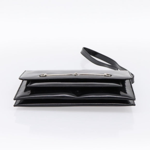 GUCCI Horsebit Shoulder Bag Patent leather Black Silver Auth 199860