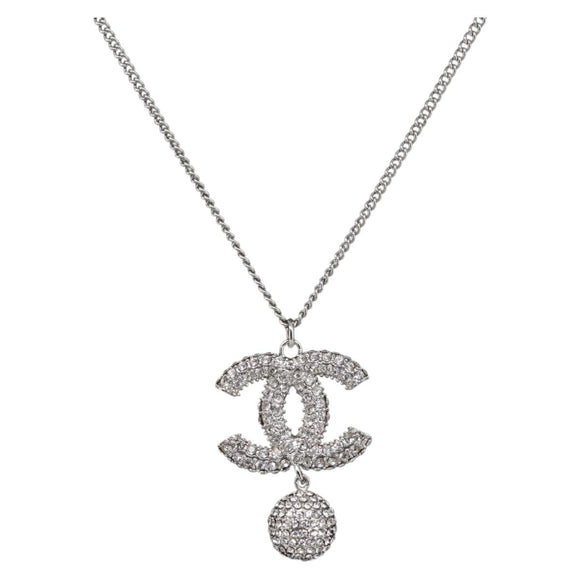 CHANEL Rhinestone Necklace metal Silver CC Auth 199879M