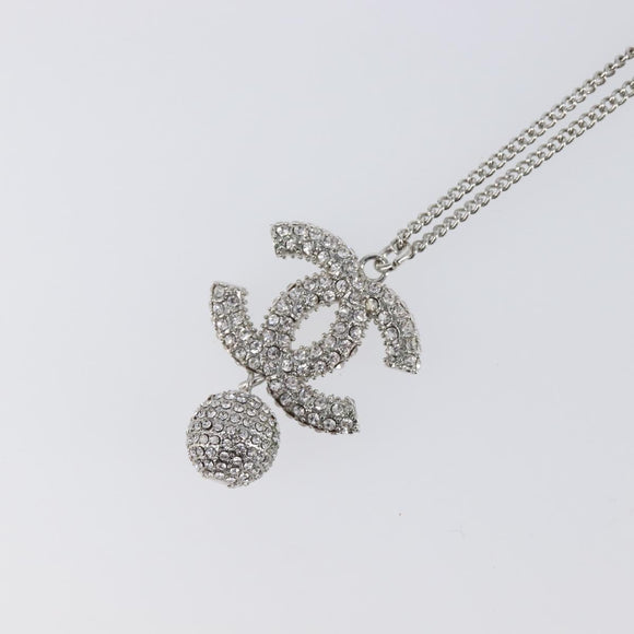CHANEL Rhinestone Necklace metal Silver CC Auth 199879M