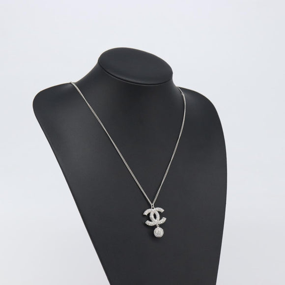CHANEL Rhinestone Necklace metal Silver CC Auth 199879M