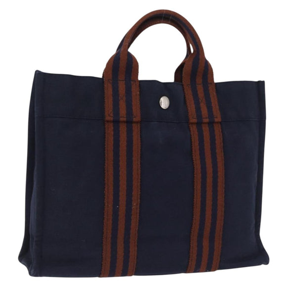HERMES Fourre Tout PM Hand Bag cotton Navy Silver Auth 199880