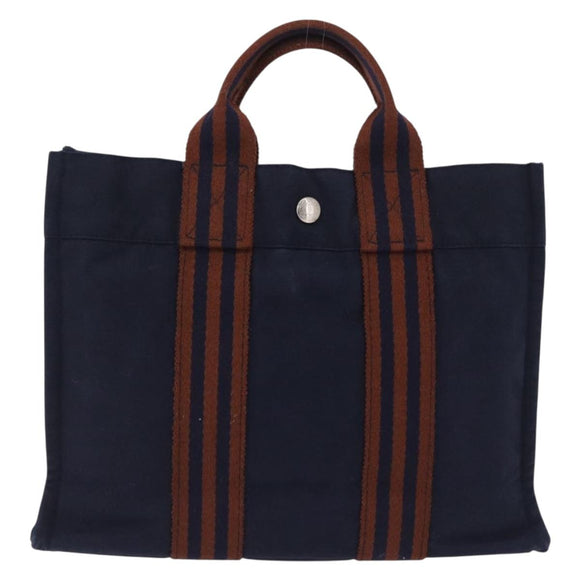 HERMES Fourre Tout PM Hand Bag cotton Navy Silver Auth 199880