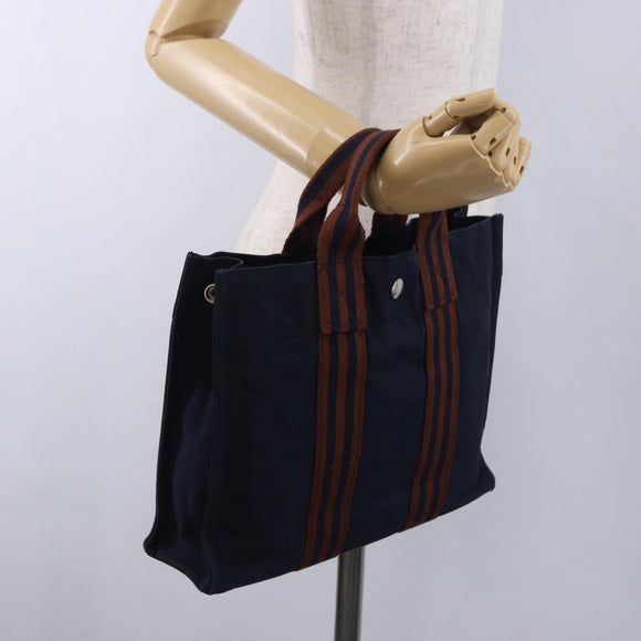 HERMES Fourre Tout PM Hand Bag cotton Navy Silver Auth 199880