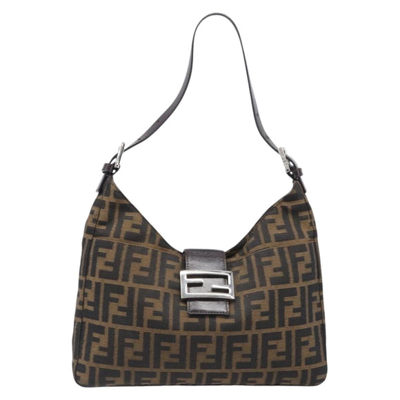 FENDI Zucca Canvas Mamma Baguette Shoulder Bag Black Brown Auth 199886V