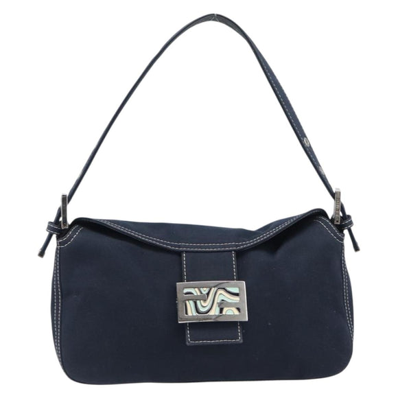 FENDI Mamma Baguette Shoulder Bag Canvas Navy Silver Auth 199899A