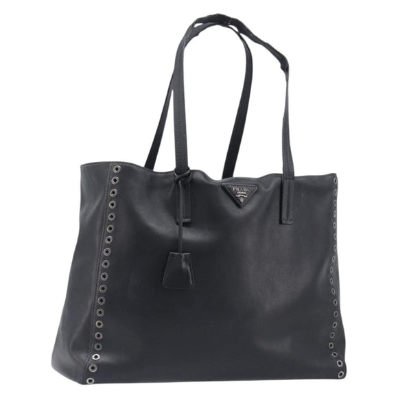 PRADA Tote Bag Leather Black Silver Auth 199907