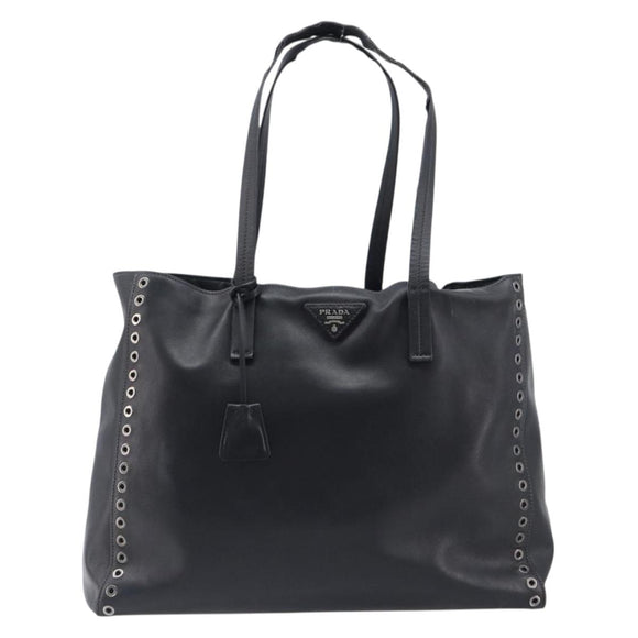 PRADA Tote Bag Leather Black Silver Auth 199907