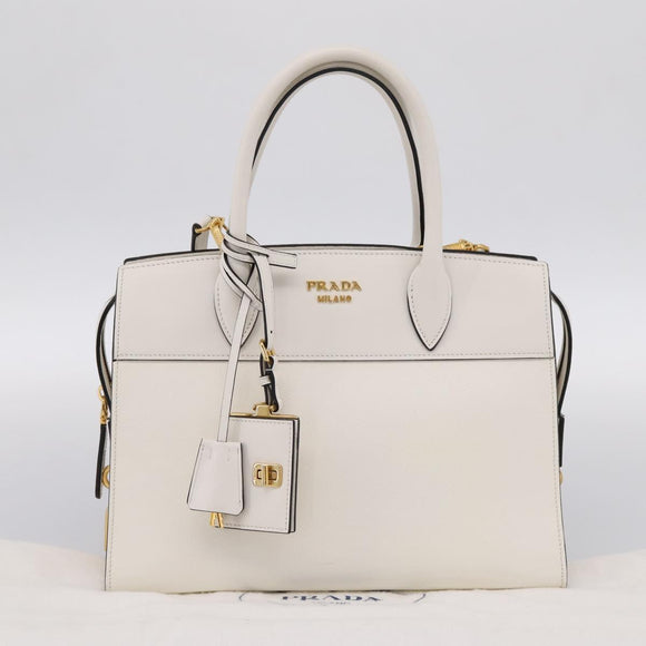 PRADA Galleria Esplanade Hand Bag Saffiano 2way White Gold Auth 199939M