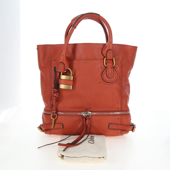 Chloe Paddington Tote Bag Leather Orange Gold Silver Auth 199949V