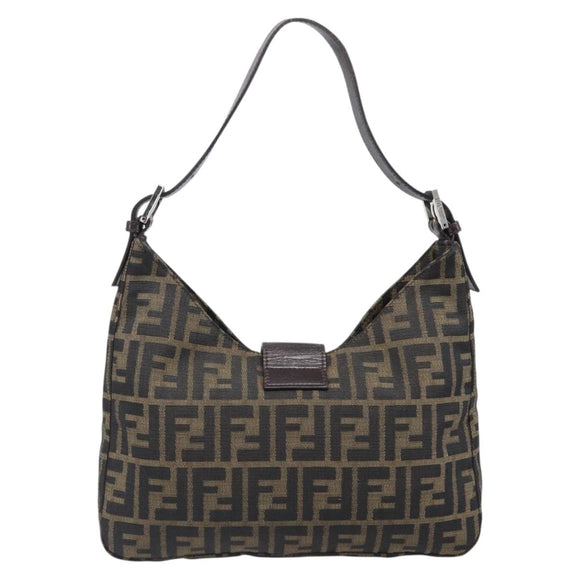 FENDI Zucca Canvas Mamma Baguette Shoulder Bag Black Brown Auth 199953A