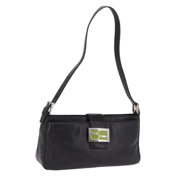 FENDI Mamma Baguette Shoulder Bag Leather Black Silver Auth 199954A