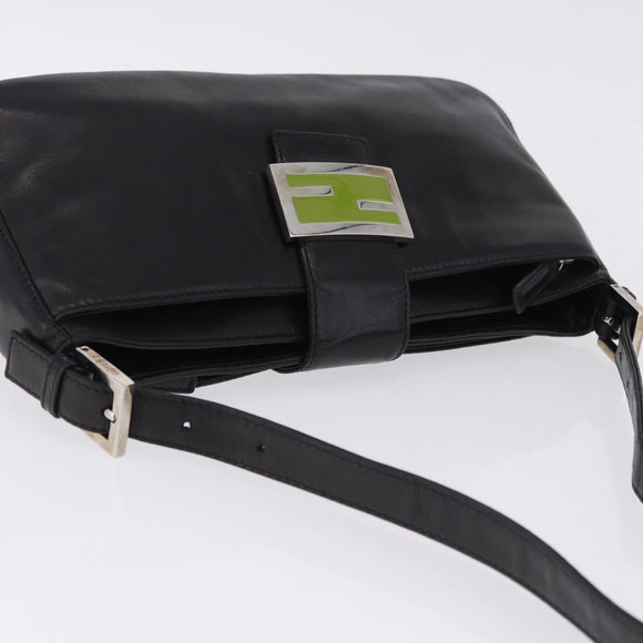FENDI Mamma Baguette Shoulder Bag Leather Black Silver Auth 199954A