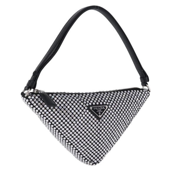 PRADA Rhinestone Hand Bag Canvas Black Silver Auth 199965M
