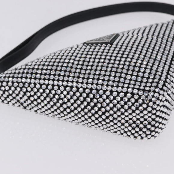 PRADA Rhinestone Hand Bag Canvas Black Silver Auth 199965M