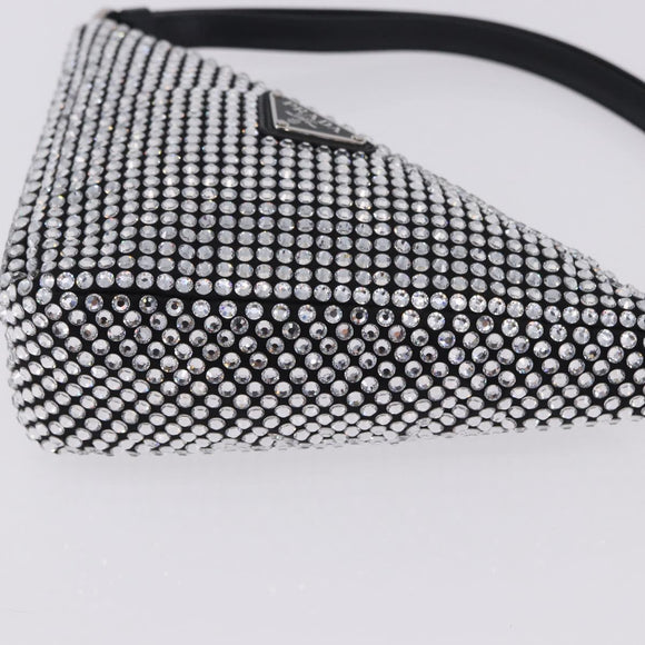 PRADA Rhinestone Hand Bag Canvas Black Silver Auth 199965M