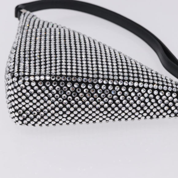 PRADA Rhinestone Hand Bag Canvas Black Silver Auth 199965M