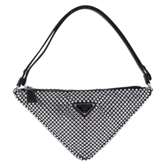 PRADA Rhinestone Hand Bag Canvas Black Silver Auth 199965M