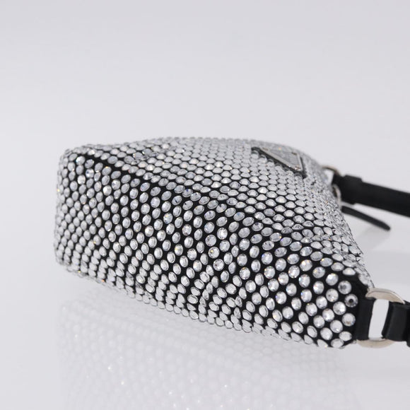 PRADA Rhinestone Hand Bag Canvas Black Silver Auth 199965M