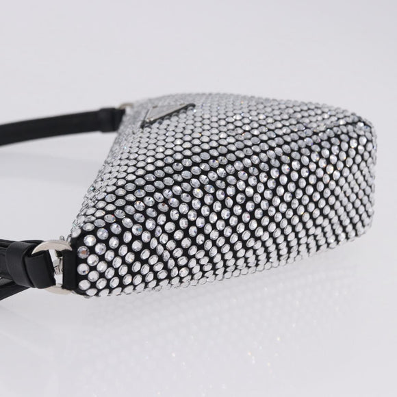 PRADA Rhinestone Hand Bag Canvas Black Silver Auth 199965M