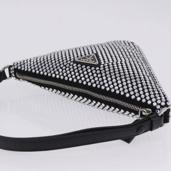 PRADA Rhinestone Hand Bag Canvas Black Silver Auth 199965M