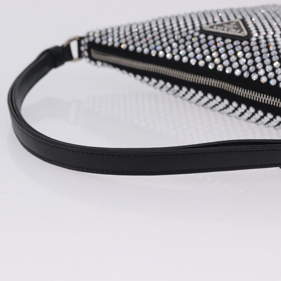 PRADA Rhinestone Hand Bag Canvas Black Silver Auth 199965M