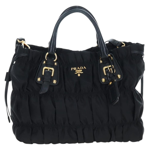 PRADA Hand Bag Nylon 2way Black Gold Auth 200017V