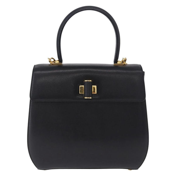 Salvatore Ferragamo Gancini Hand Bag Leather 2way Black Gold Auth 200051A