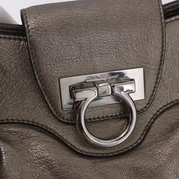 Salvatore Ferragamo Gancini Hand Bag Leather Gold Silver Auth 200055A