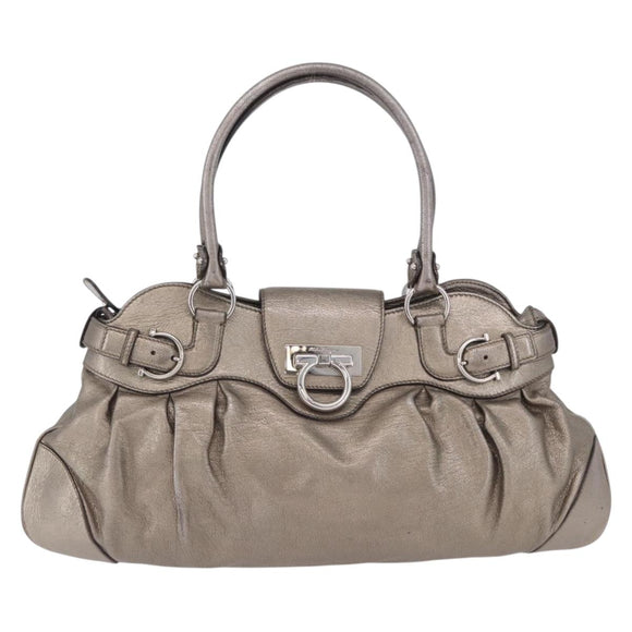 Salvatore Ferragamo Gancini Hand Bag Leather Gold Silver Auth 200055A