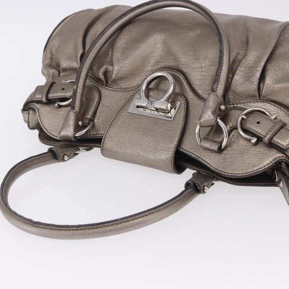 Salvatore Ferragamo Gancini Hand Bag Leather Gold Silver Auth 200055A