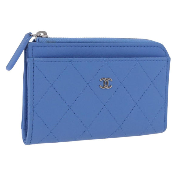 CHANEL Matelasse Fragment Case Wallet Lamb Skin Light Blue CC Auth 200060V