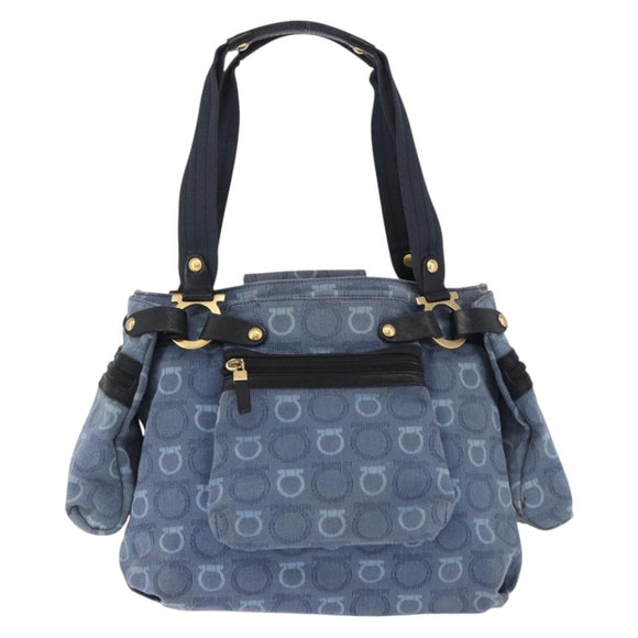 Salvatore Ferragamo Gancini Tote Bag Canvas Navy Gold Auth 200061A