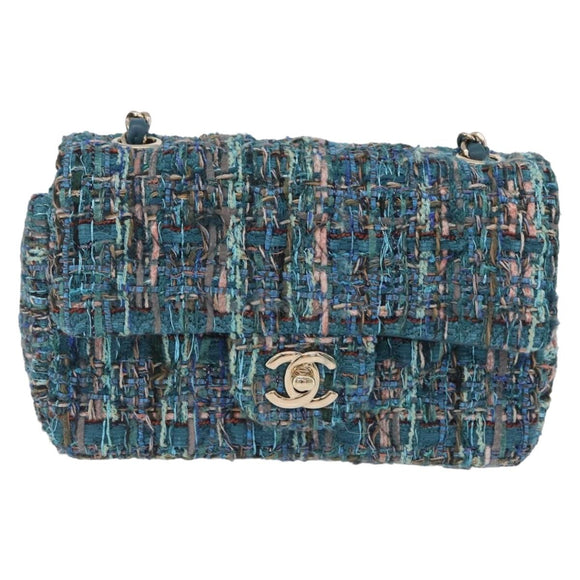 CHANEL Mini Matelasse 20 Chain Shoulder Bag tweed Green Gold CC Auth 200062SM