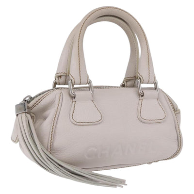 CHANEL Hand Bag Leather White Silver CC Auth 200073V