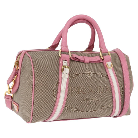 PRADA Hand Bag Jacquard 2way Beige Gold Auth 200074V
