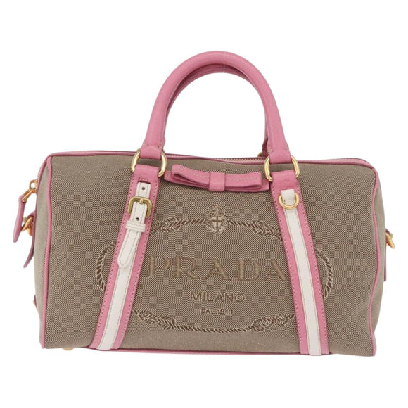 PRADA Hand Bag Jacquard 2way Beige Gold Auth 200074V