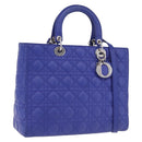 Christian Dior Canage Lady Dior Hand Bag Lamb Skin 2way Blue Silver Auth 200084M-1