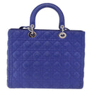 Christian Dior Canage Lady Dior Hand Bag Lamb Skin 2way Blue Silver Auth 200084M-2