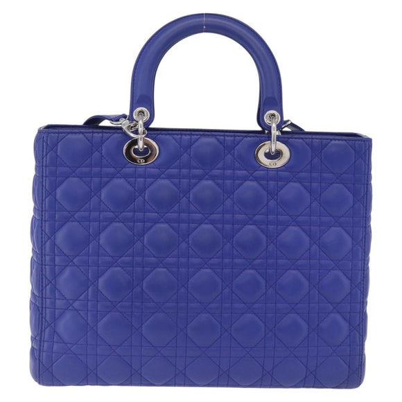 Christian Dior Canage Lady Dior Hand Bag Lamb Skin 2way Blue Silver Auth 200084M